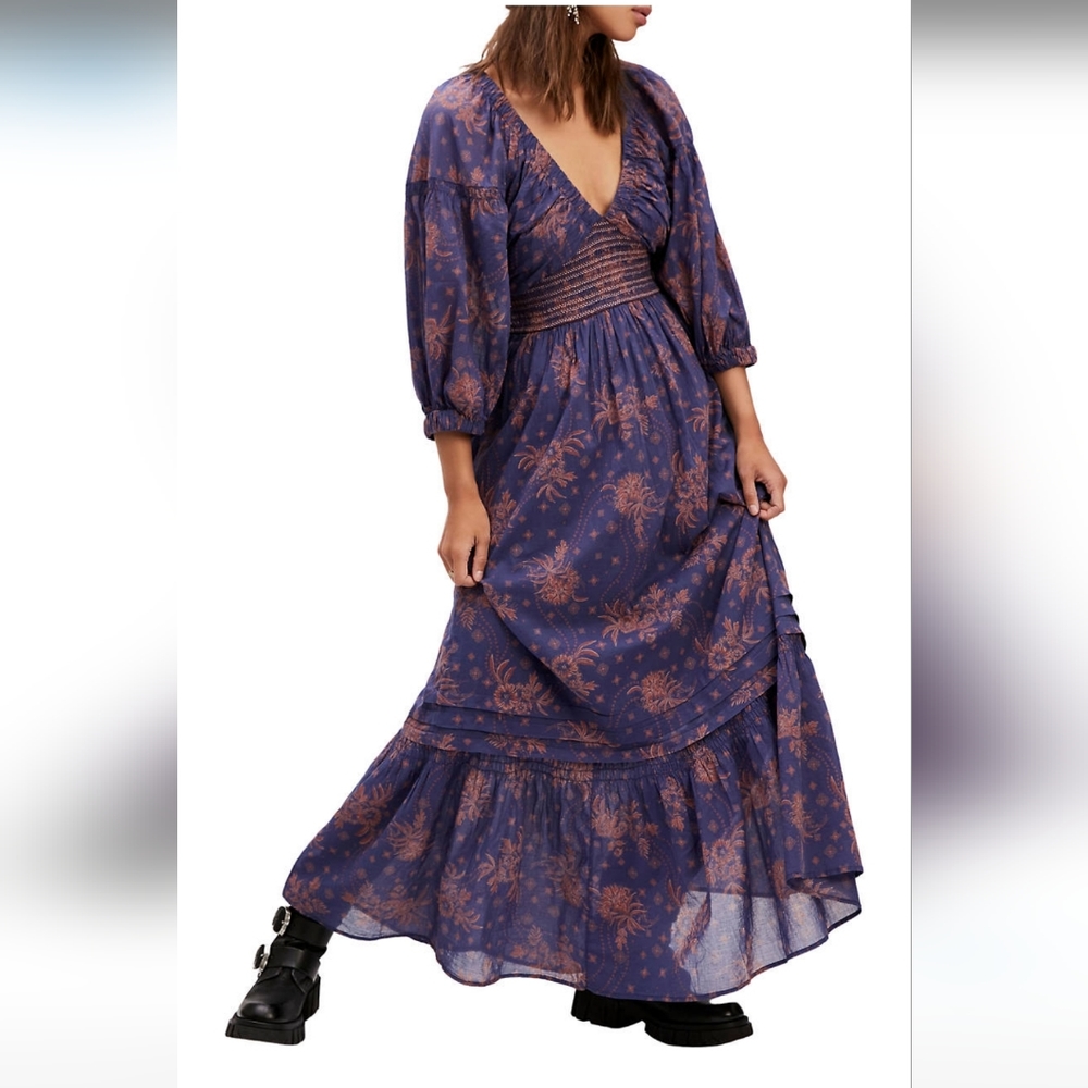 Free People Golden Hour Floral Maxi Dress NAVY PINK